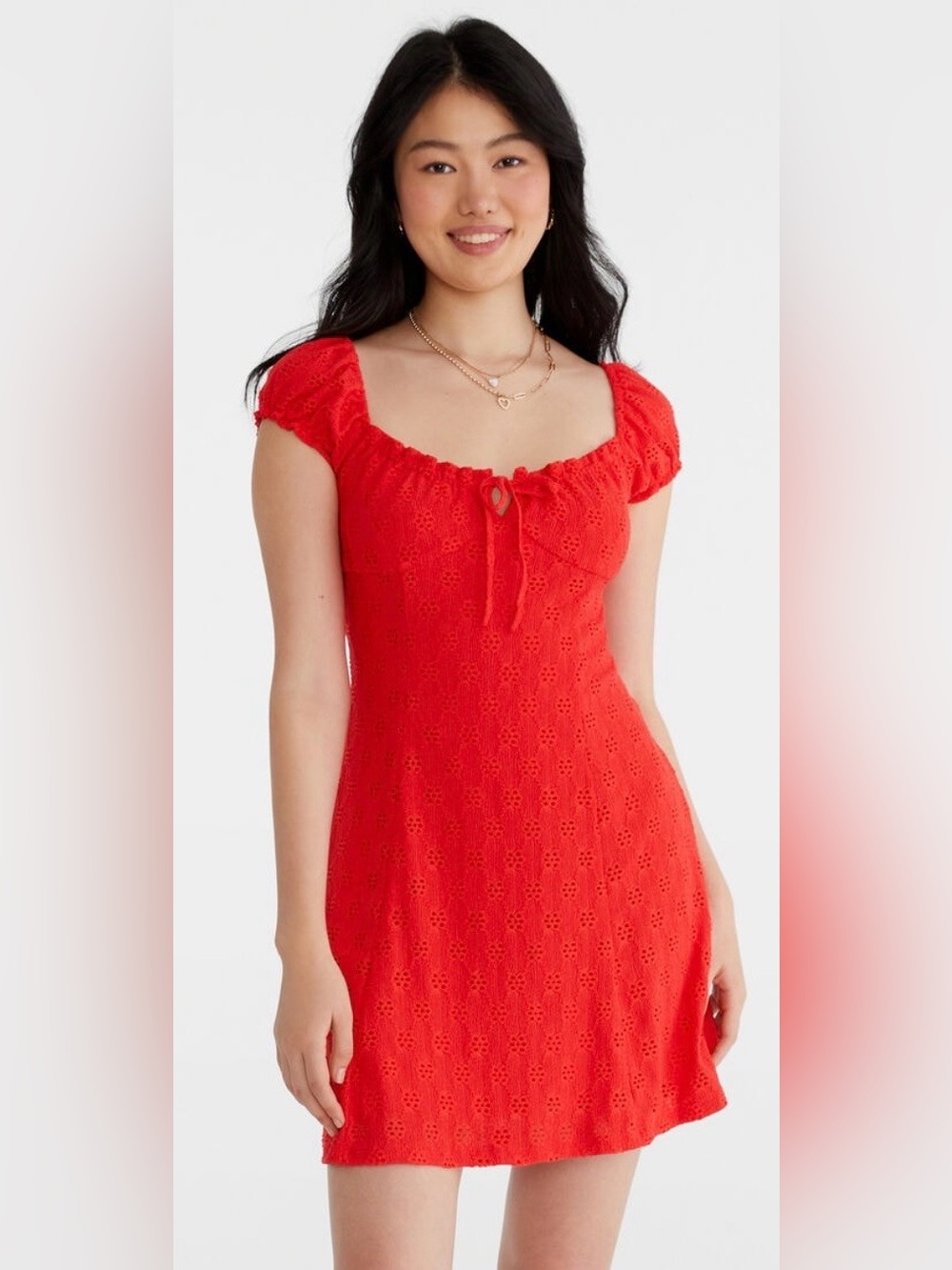 Aeropostale Eyelet Empire Mini Dress in Bright Red/Orange. Cap Sleeves. Size XL
